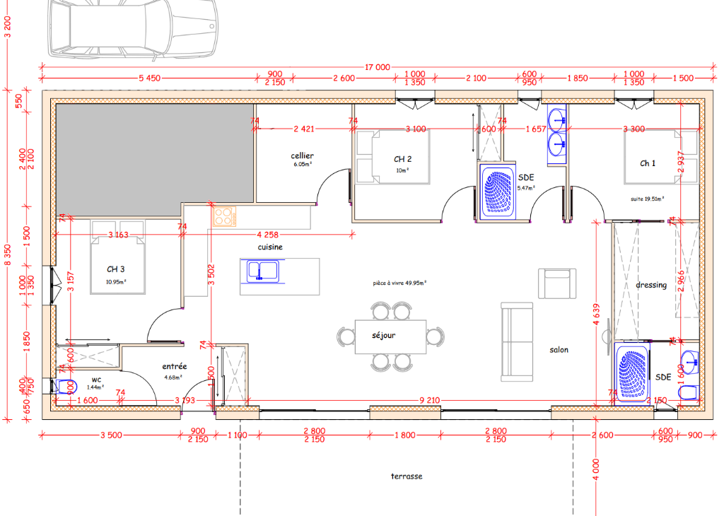 Plan officiel d'architecte du Gîte de Peventou - Surface 108.05m2